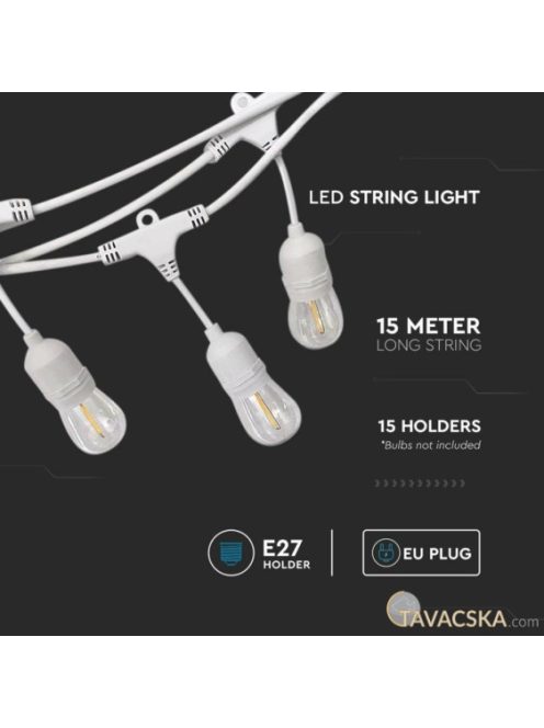 V-TAC 15m fehér party fényfüzér vízálló E27 foglalattal LED égőhöz - SKU 7699